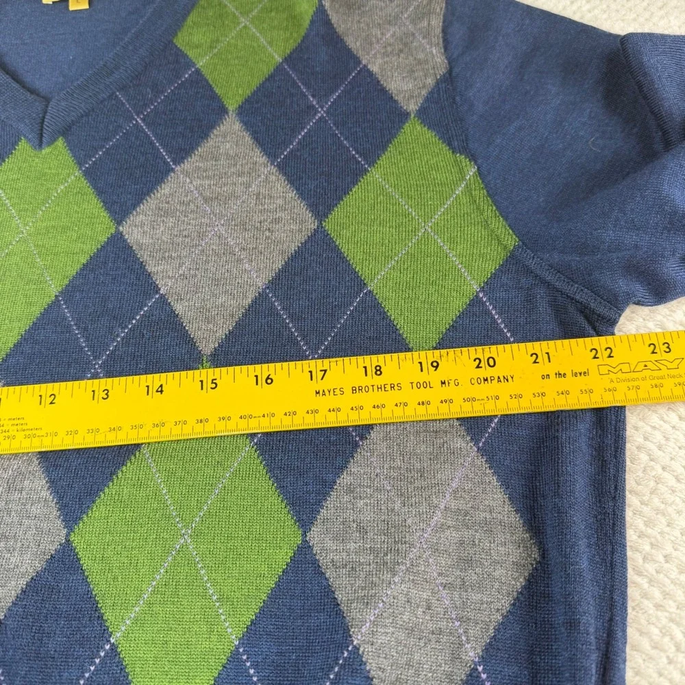 Vintage Paul Stuart Italy Extrafine Merino Wool Argyle V-Neck Sweater Blue L